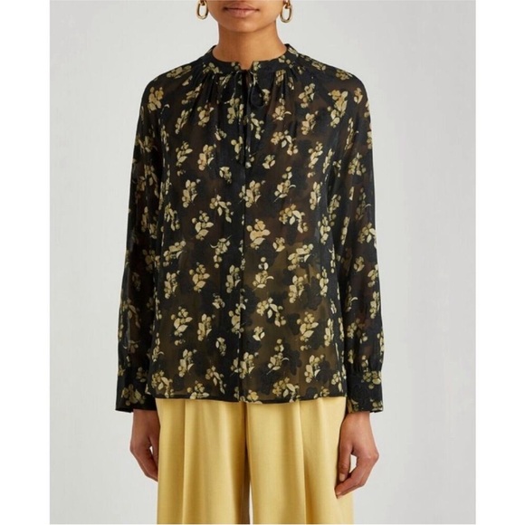 Vince Tops - Vince Dandelion Poet Blouse Gathered Floral Print Silk Crepon Black Printed Top